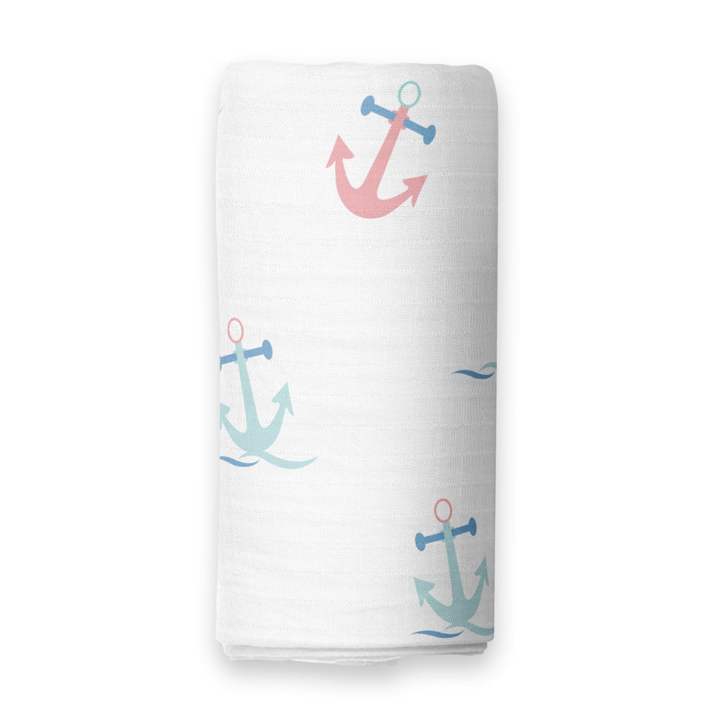 The White Cradle 100% Organic Cotton Baby Swaddle Wrap - Anchor and Shipwheel