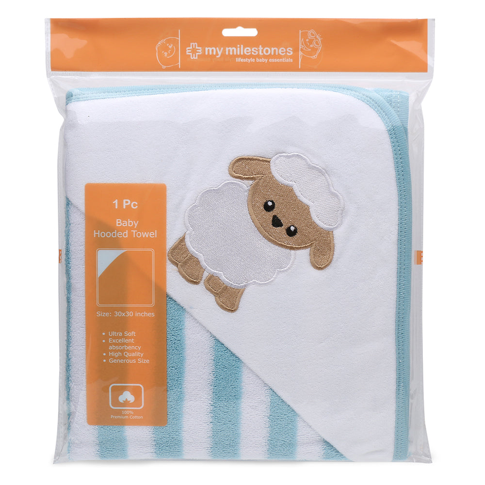 My Milestones Baby Hooded Towel - Modern Stripped - Aqua / White
