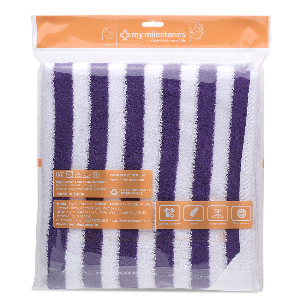 My Milestones Baby Hooded Towel - Modern Stripped - Purple / White