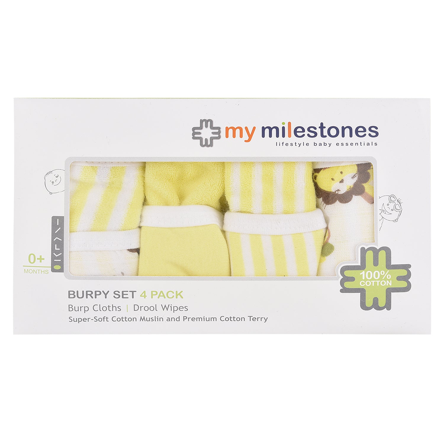 100% Cotton Terry Muslin Baby Burpy Bib - Lemon Yellow (4 Pcs Set)