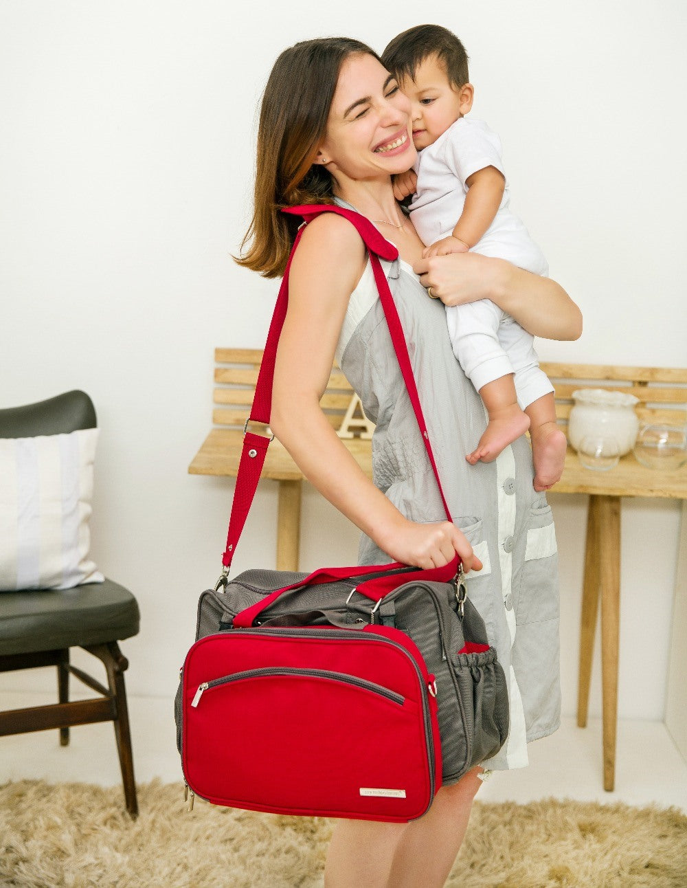 Diaper Bag - Duo Detach 2-In-1 Baby Diaper Bag/Mothers Bag  - Grey/Red