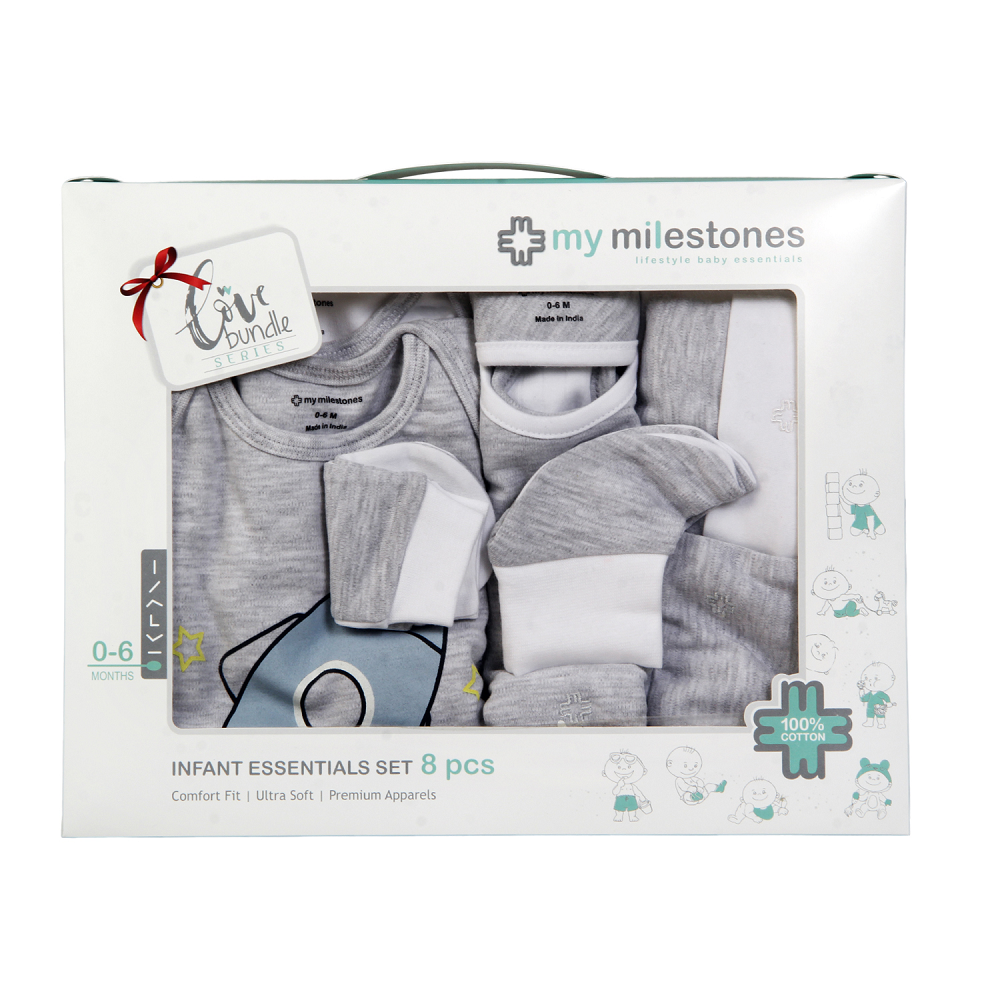 Infant Essentials Gift Set, Full Sleeves - Grey, Set of 8