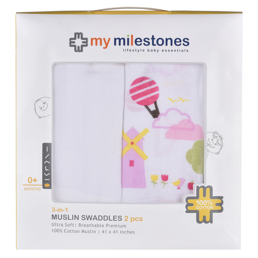 My Milestones 100% Cotton 3 In 1 Muslin Double Cloth (2 Layers) Baby Swaddle Wrapper - Pack Of 2 - Dutch Country Pink