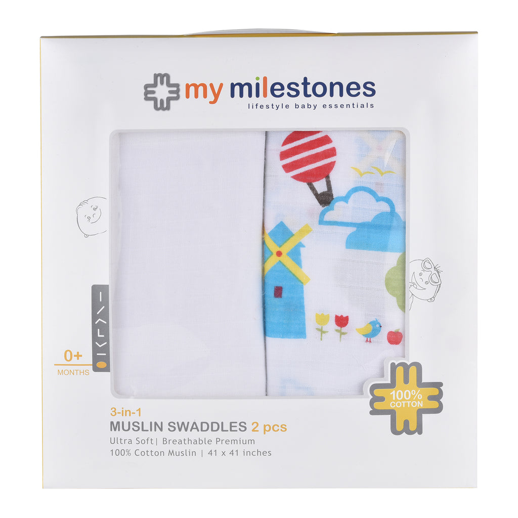My Milestones 100% Cotton 3 In 1 Muslin Double Cloth (2 Layers) Baby Swaddle Wrapper - Pack Of 2 - Dutch Country Blue