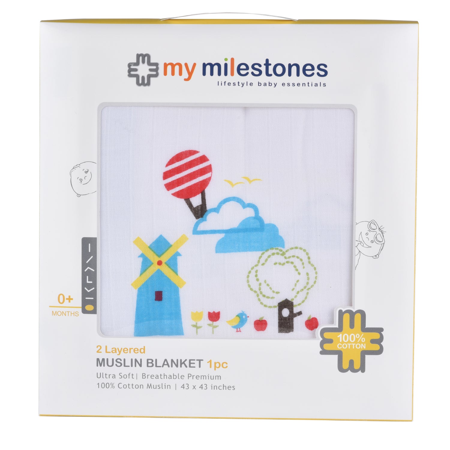 My Milestones 100% Cotton Muslin Baby Blanket - 4 Layered (43x43 inches) - Dutch Country Blue