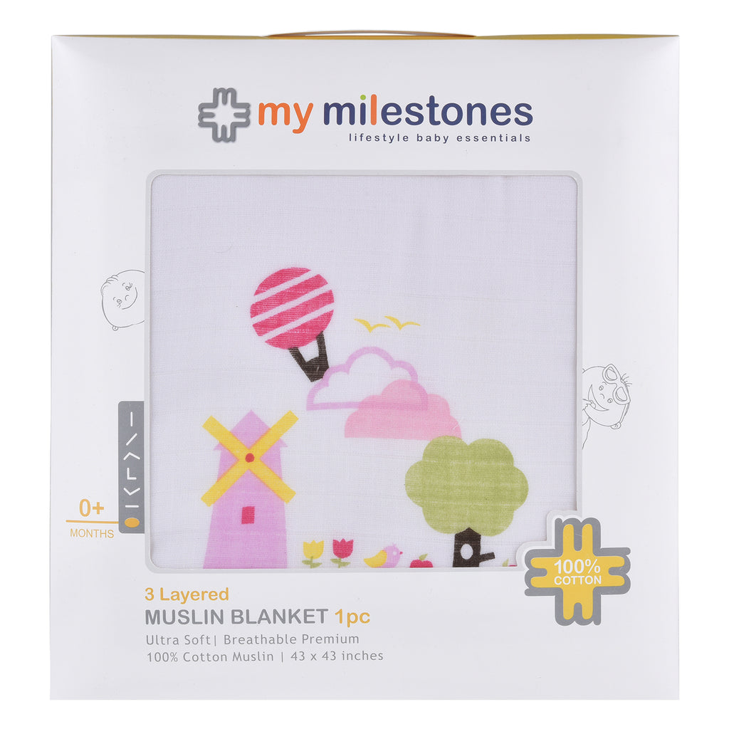 My Milestones 100% Cotton Muslin Baby Blanket - 6 Layered (43x43 inches) - Dutch Country Pink