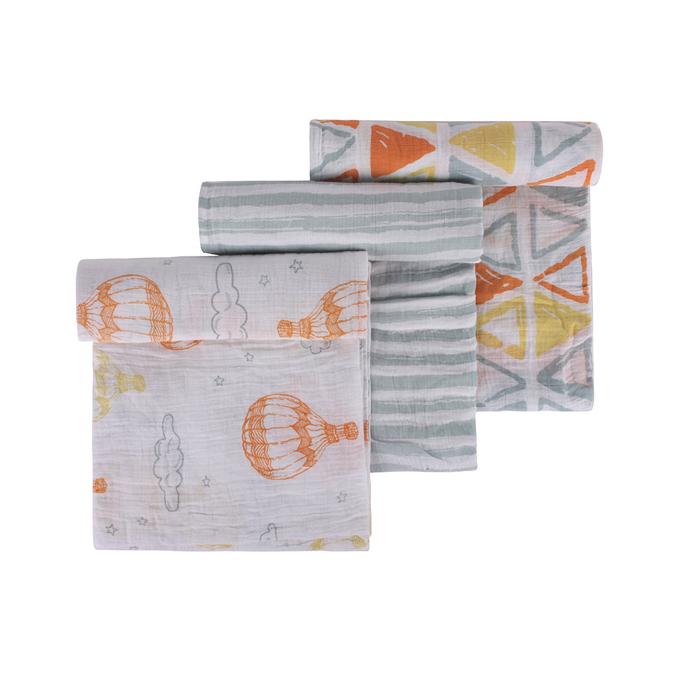 Abracadabra Cotton Muslin Swaddle For Newborns Pack of 3 (Hot Air Balloon) - Multicolor