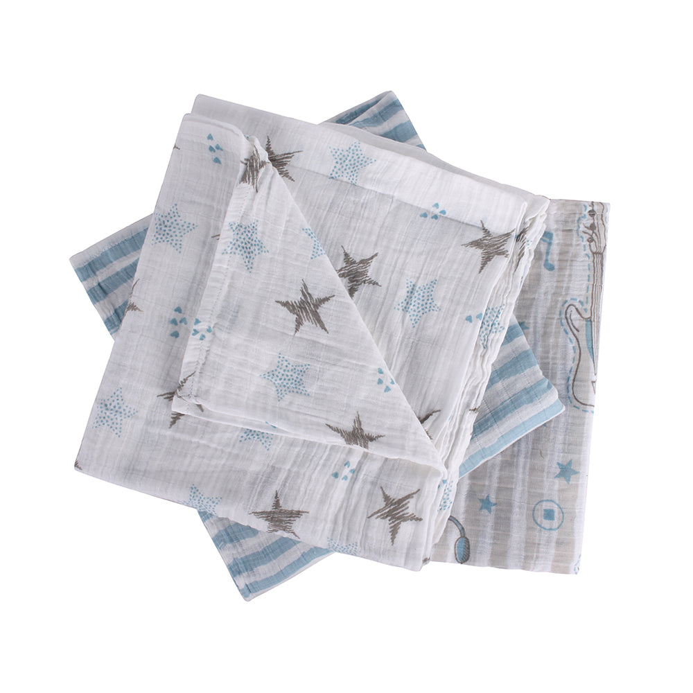 Abracadabra Cotton Muslin Swaddle For Newborns Pack of 3 (Rockstar) - Blue