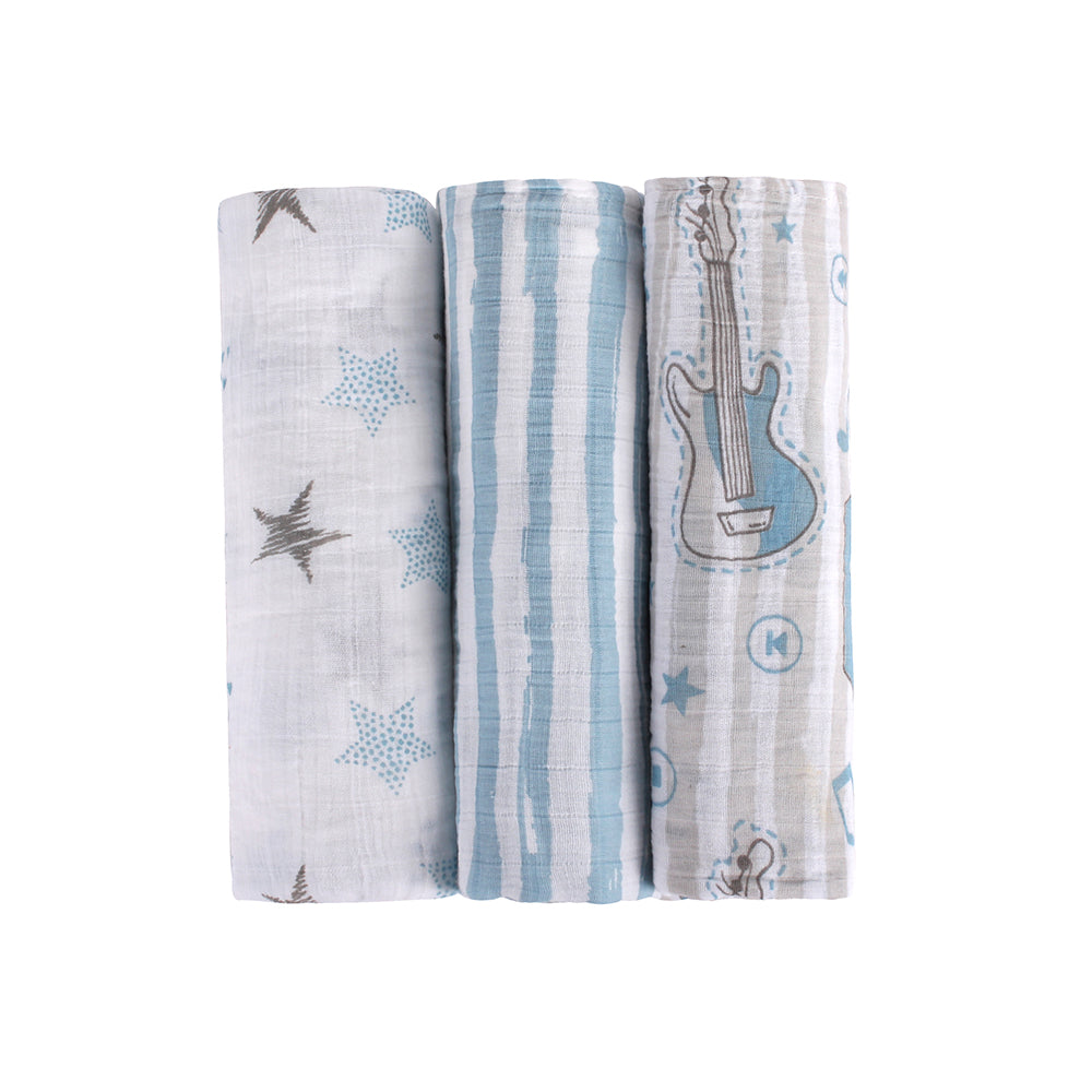 Abracadabra Cotton Muslin Swaddle For Newborns Pack of 3 (Rockstar) - Blue