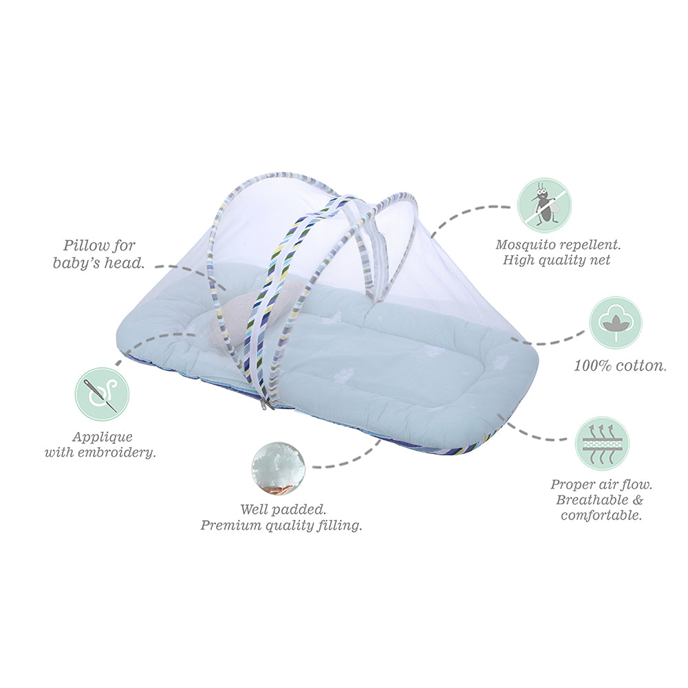 Abracadabra Gadda Set with Mosquito Net & Shaped Pillow Clouds  Theme - Blue