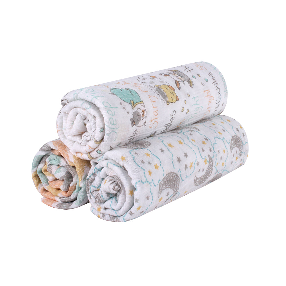 Abracadabra Cotton Muslin Swaddle for Newborns Pack of 3 (Sleepy Friends) - Pastel Multicolor