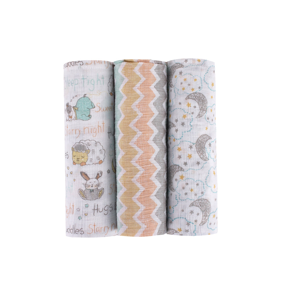 Abracadabra Cotton Muslin Swaddle for Newborns Pack of 3 (Sleepy Friends) - Pastel Multicolor