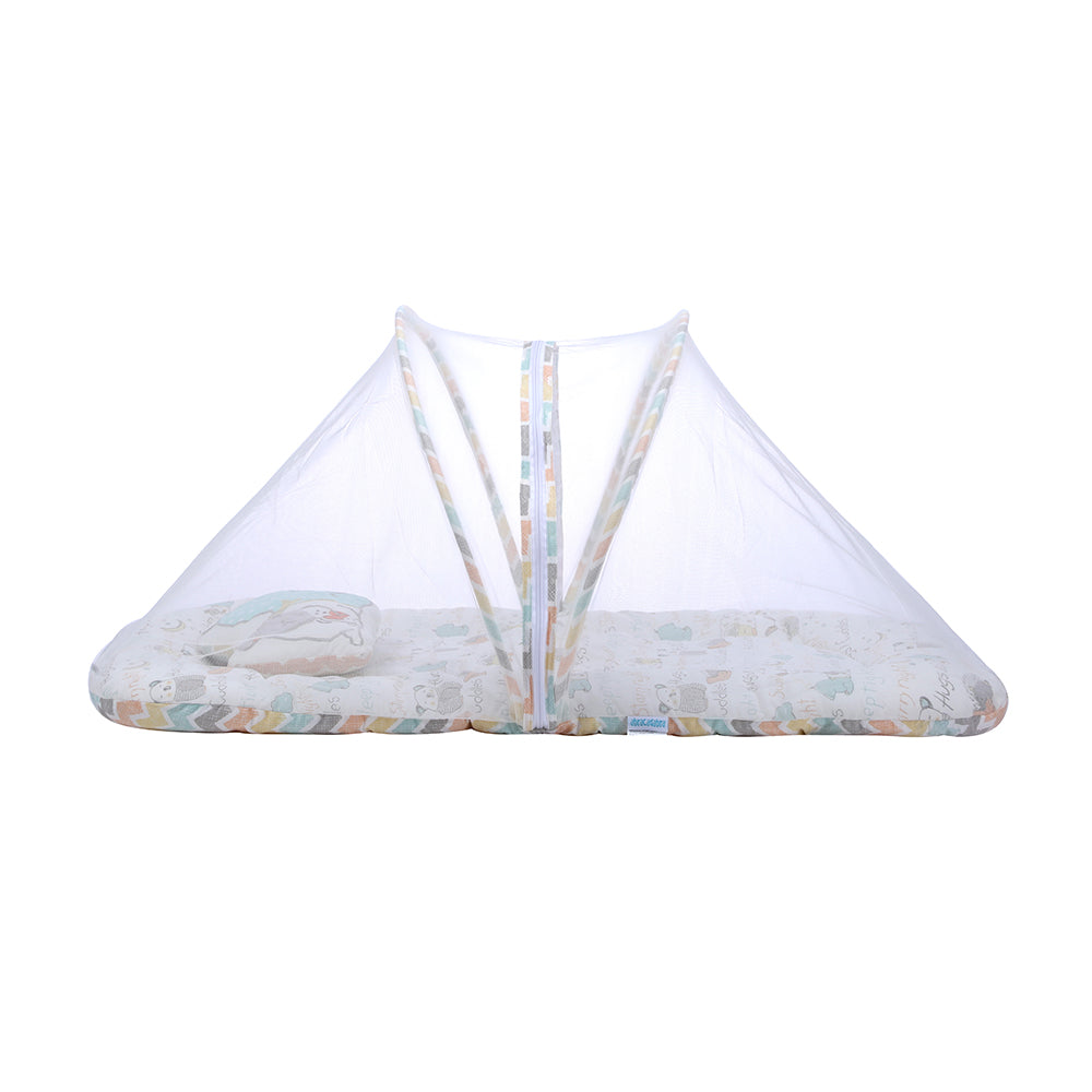 Abracadabra Gadda Set with Mosquito Net & Shaped Pillow Sleepy Friennds Theme - Pastel Multicolour