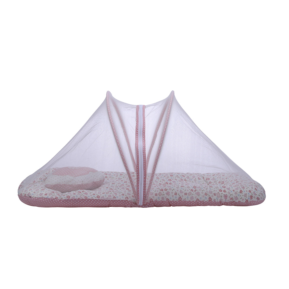 Abracadabra Gadda Set with Mosquito Net & Shaped Pillow Vintage Floral Theme - Pink