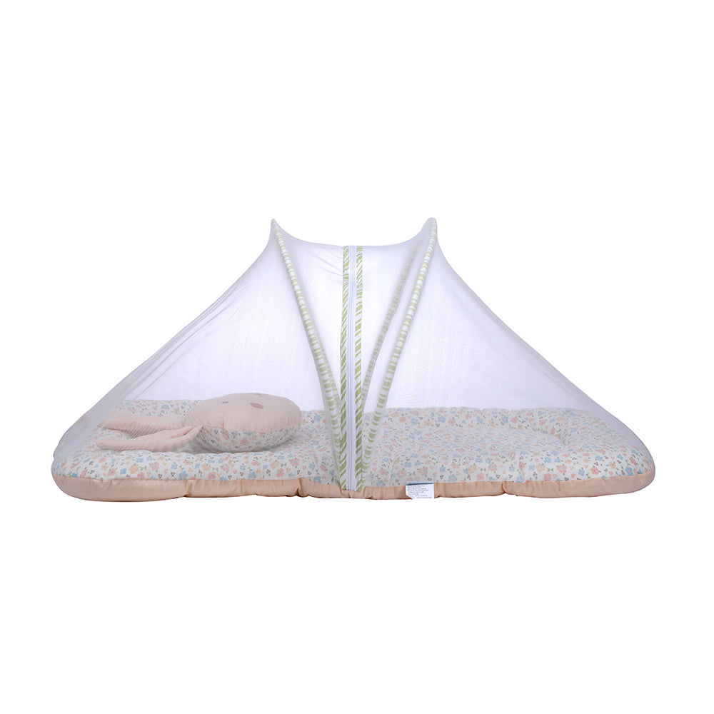 Abracadabra Gadda Set with Mosquito Net & Shaped Pillow Bunny Garden Theme - Peach