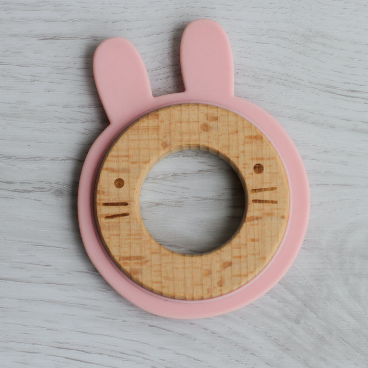 Wood + Silicone Disc Teether Toy - Pink