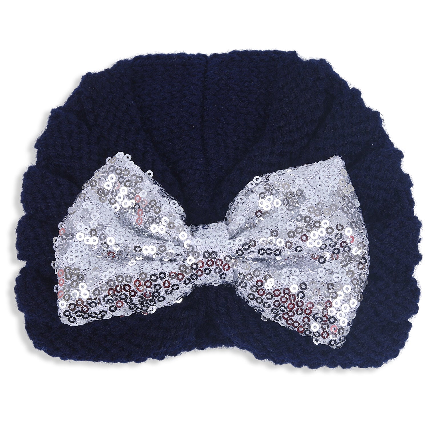 Baby Moo Partywear Bow Knitted Turban Woolen Cap - Navy Blue