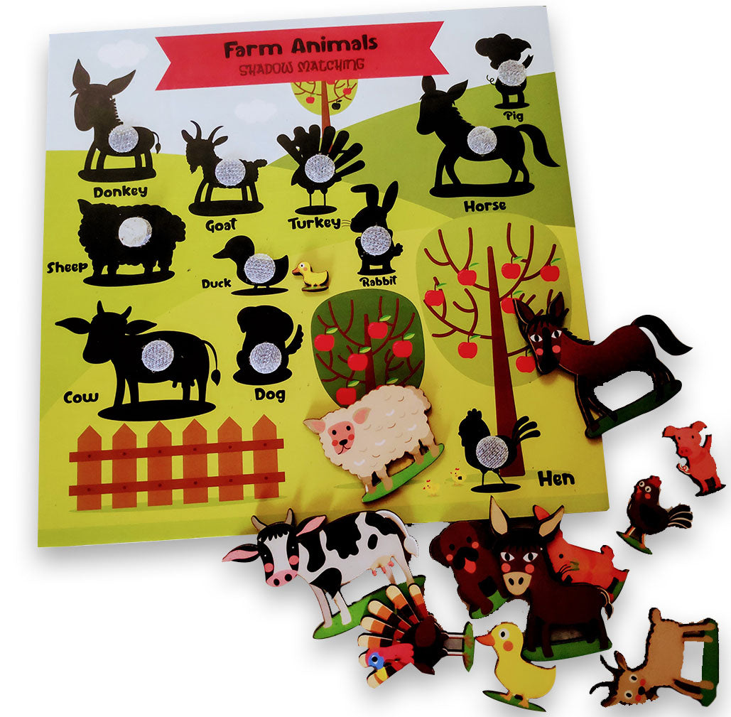 Doxbox Farm Animals Shadow Matching Activity Board (With Wooden Animals)