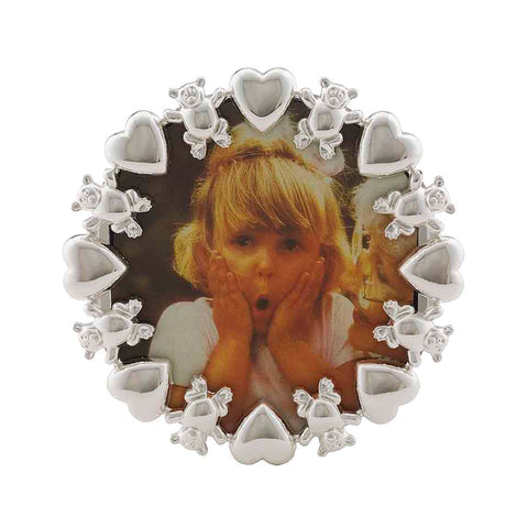 Frazer & Haws 92.5 Silver Plated Round Photo Frame - With Bear & Heart Rim