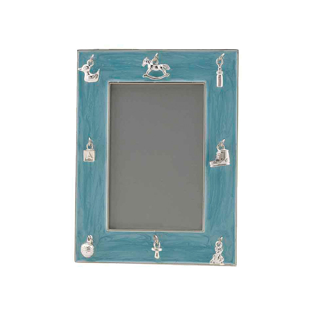 Frazer & Haws 92.5 Silver Plated Photo Frame - With Baby Charms & Blue Epoxy