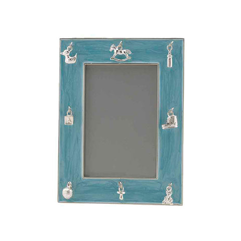Frazer & Haws 92.5 Silver Plated Photo Frame - With Baby Charms & Blue Epoxy