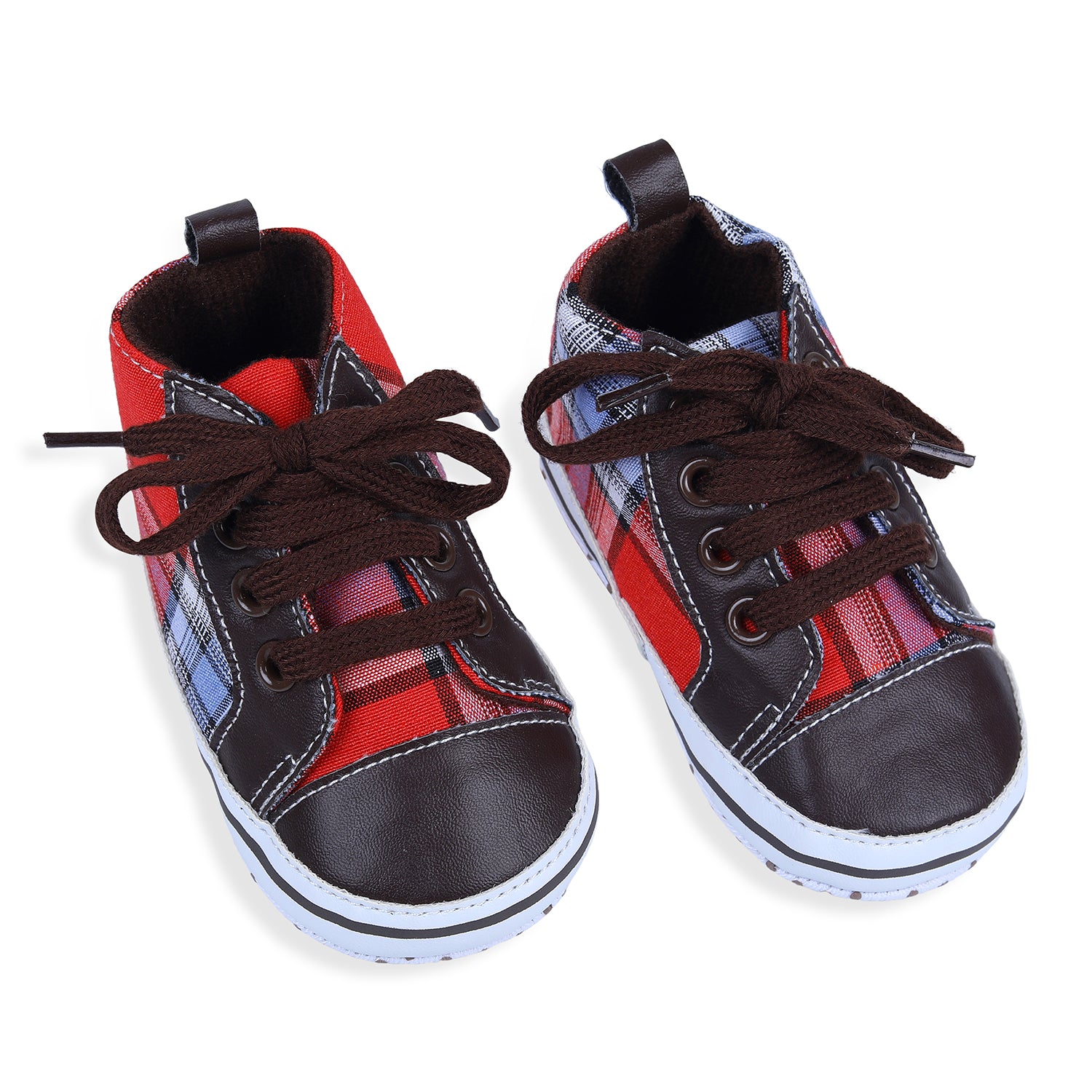 Baby Moo High Top Lace-Up Checked Stylish Sneaker Booties - Red