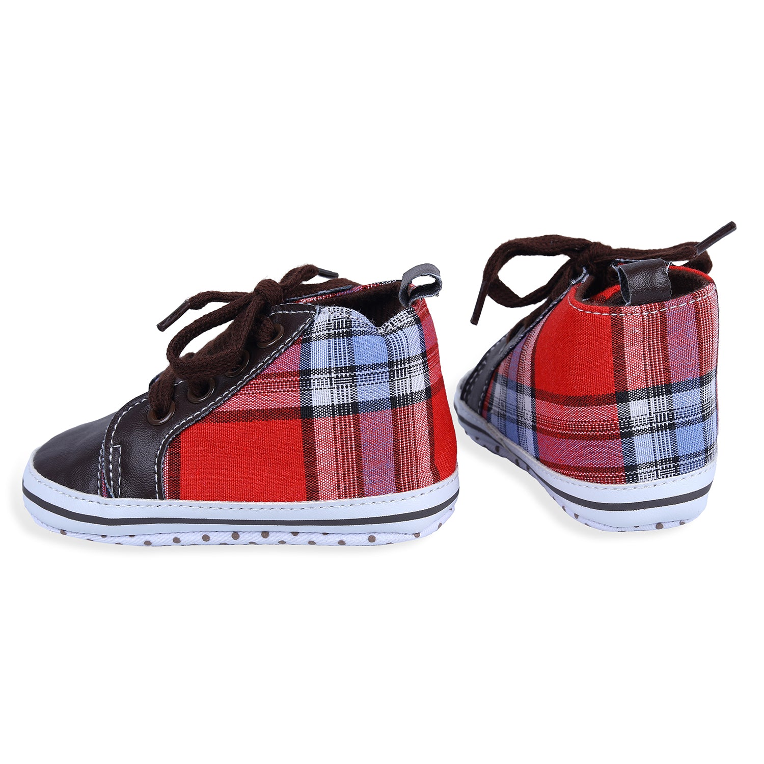 Baby Moo High Top Lace-Up Checked Stylish Sneaker Booties - Red