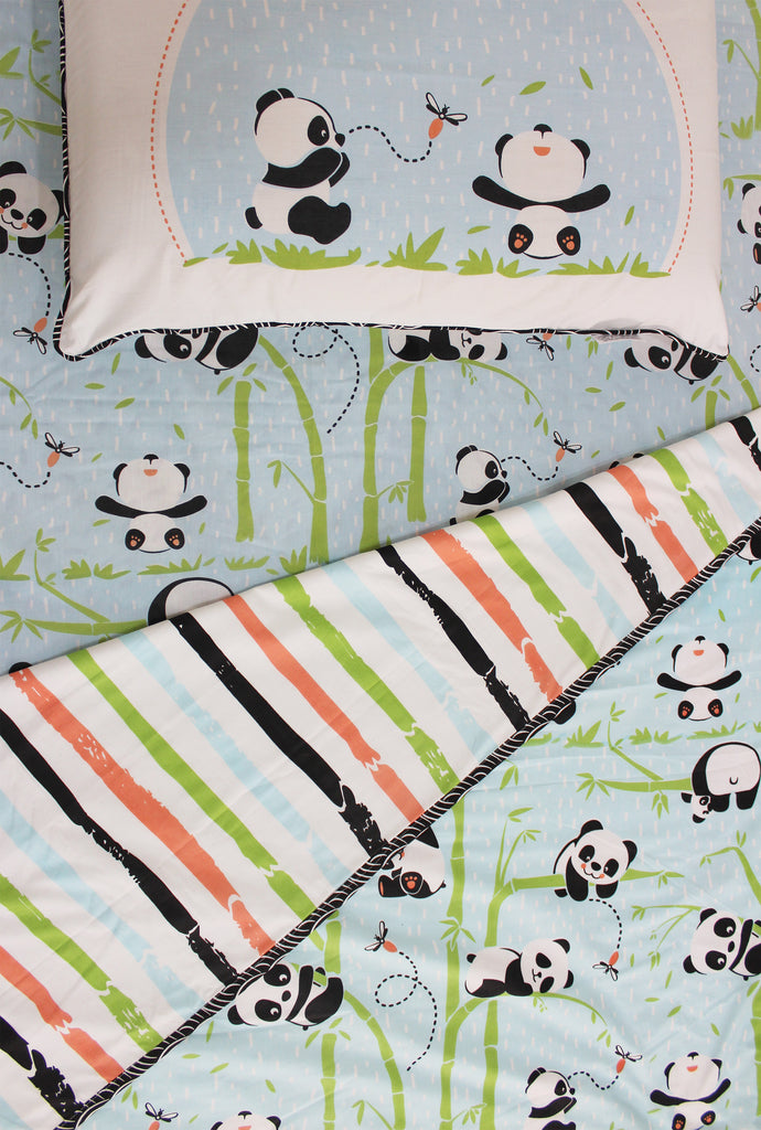 100% Cotton Reversible Single Blanket Dohar - Panda Village, Blue