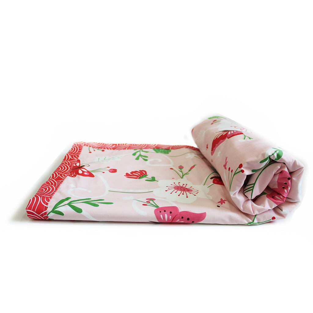 100% Cotton Reversible Single Blanket Dohar - Flowers & Butterflies