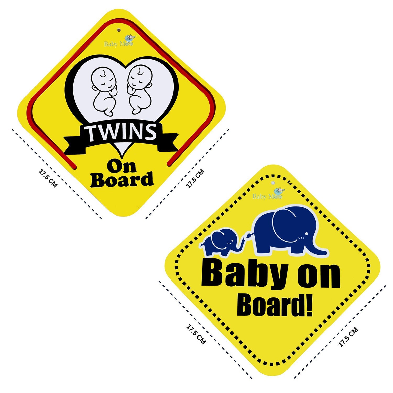 Baby Moo Car Safety Sign Twin Baby On Board With Suction Cup Clip 2 Pack - Yellow