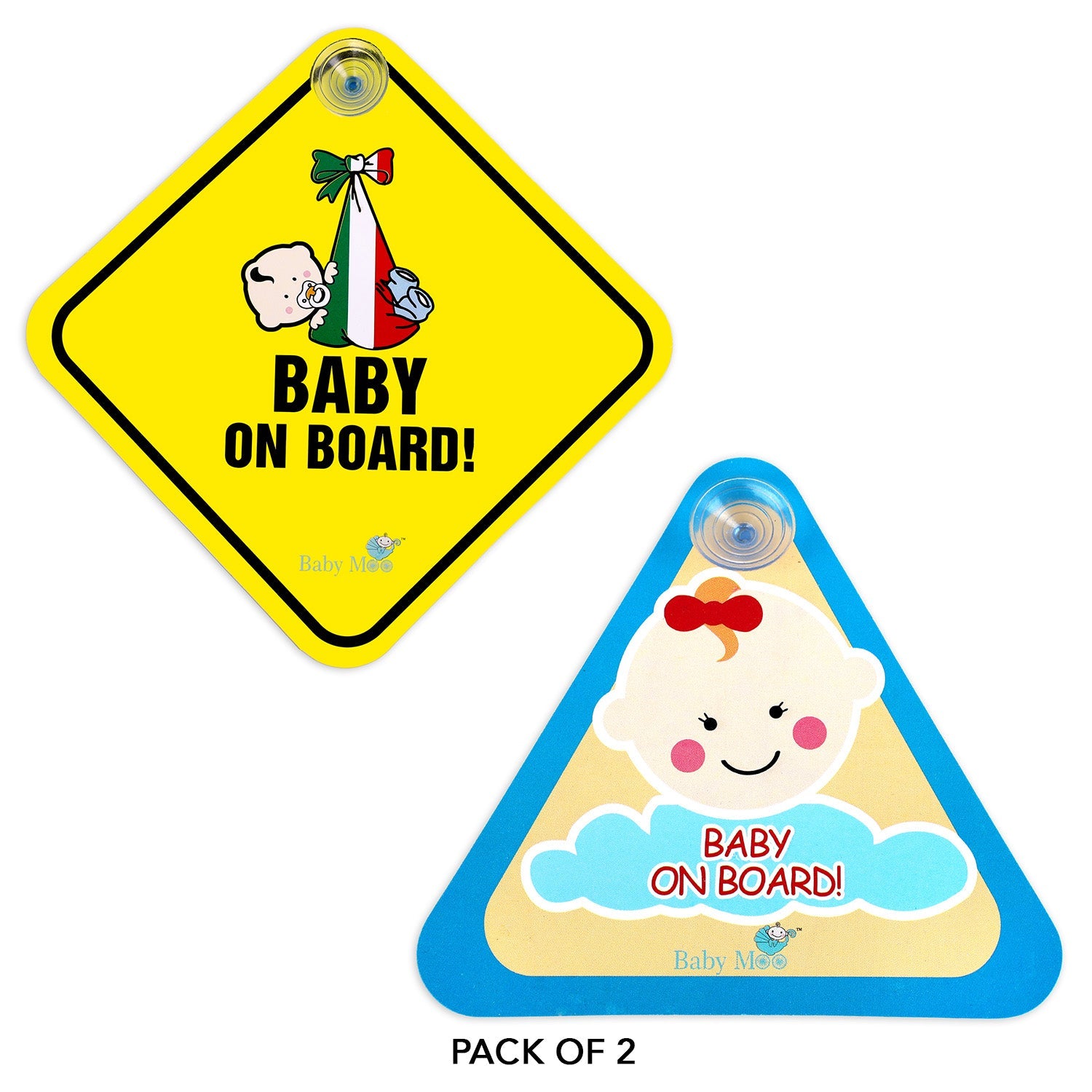 Baby Moo Car Safety Sign Sleeping Baby On Board With Suction Cup Clip 2 Pack - Yellow, Blue
