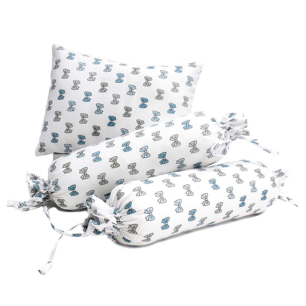 The White Cradle Cot Pillow + 2 Bolsters Set with Fillers - Blue Bow