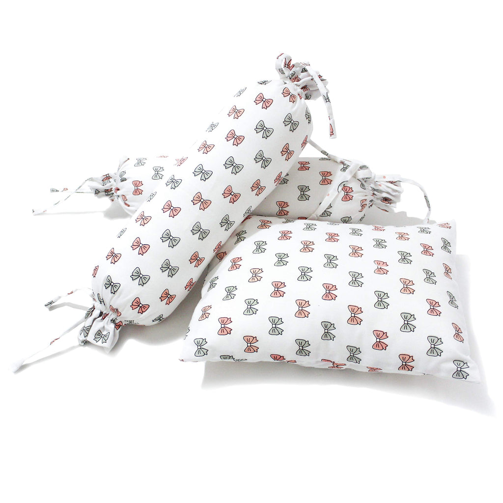 The White Cradle Cot Pillow + 2 Bolsters Set with Fillers - Pink Bow