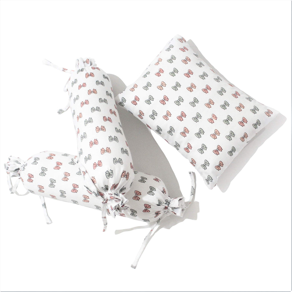 The White Cradle Cot Pillow + 2 Bolsters Set with Fillers - Pink Bow
