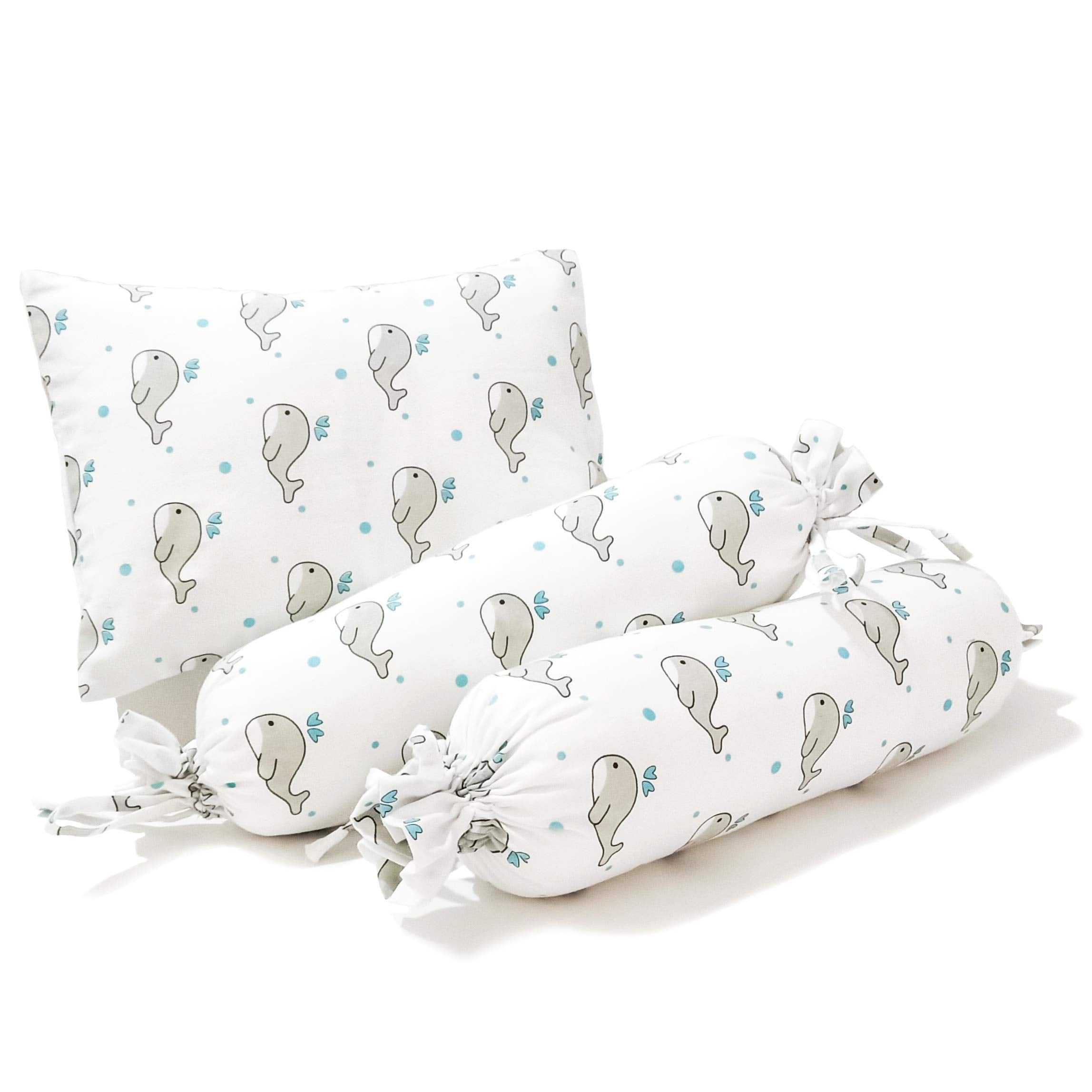 The White Cradle Cot Pillow + 2 Bolsters Set with Fillers - Grey Whale with Blue Dots