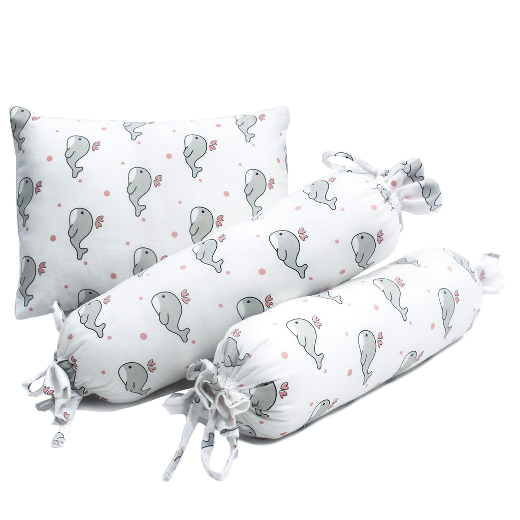 The White Cradle Cot Pillow + 2 Bolsters Set with Fillers - Grey Whale with Pink Dots