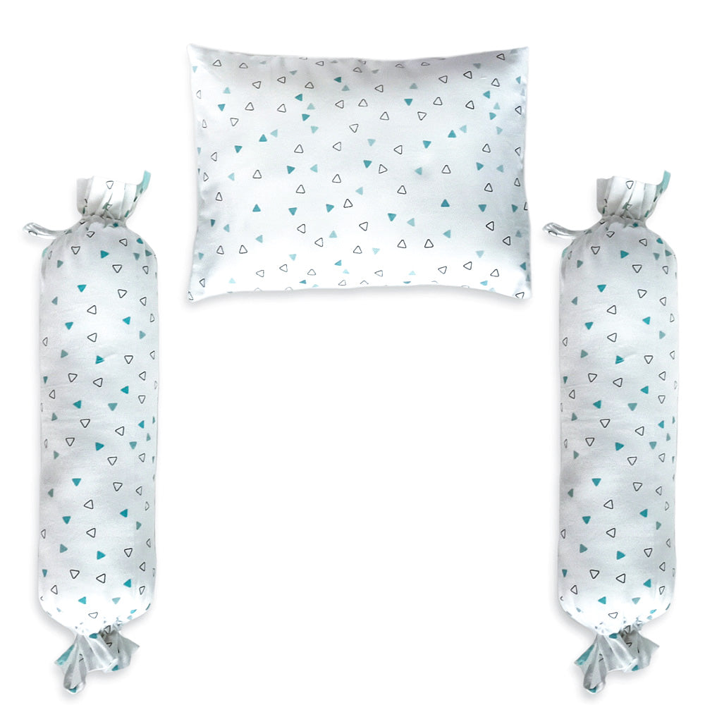 The White Cradle Cot Pillow + 2 Bolsters Set with Fillers - Blue Triangles