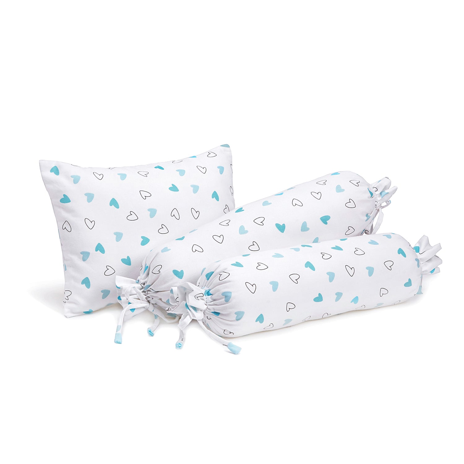 The White Cradle Cot Pillow + 2 Bolsters Set with Fillers - Blue Hearts