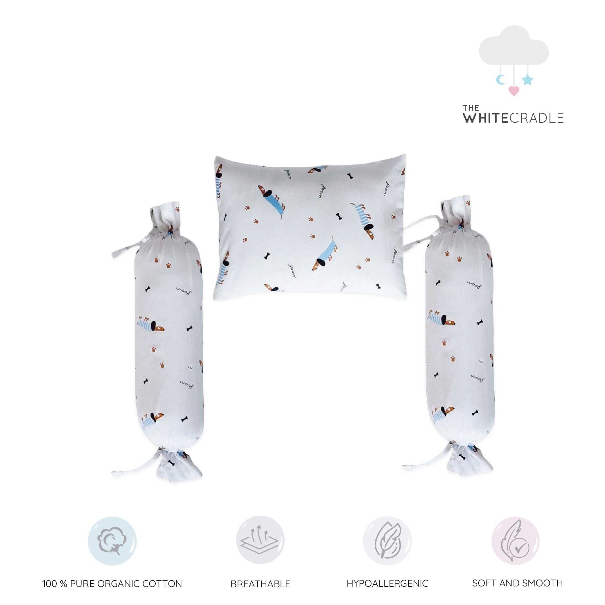 The White Cradle Cot Pillow + 2 Bolsters Set with Fillers - Blue Poodle
