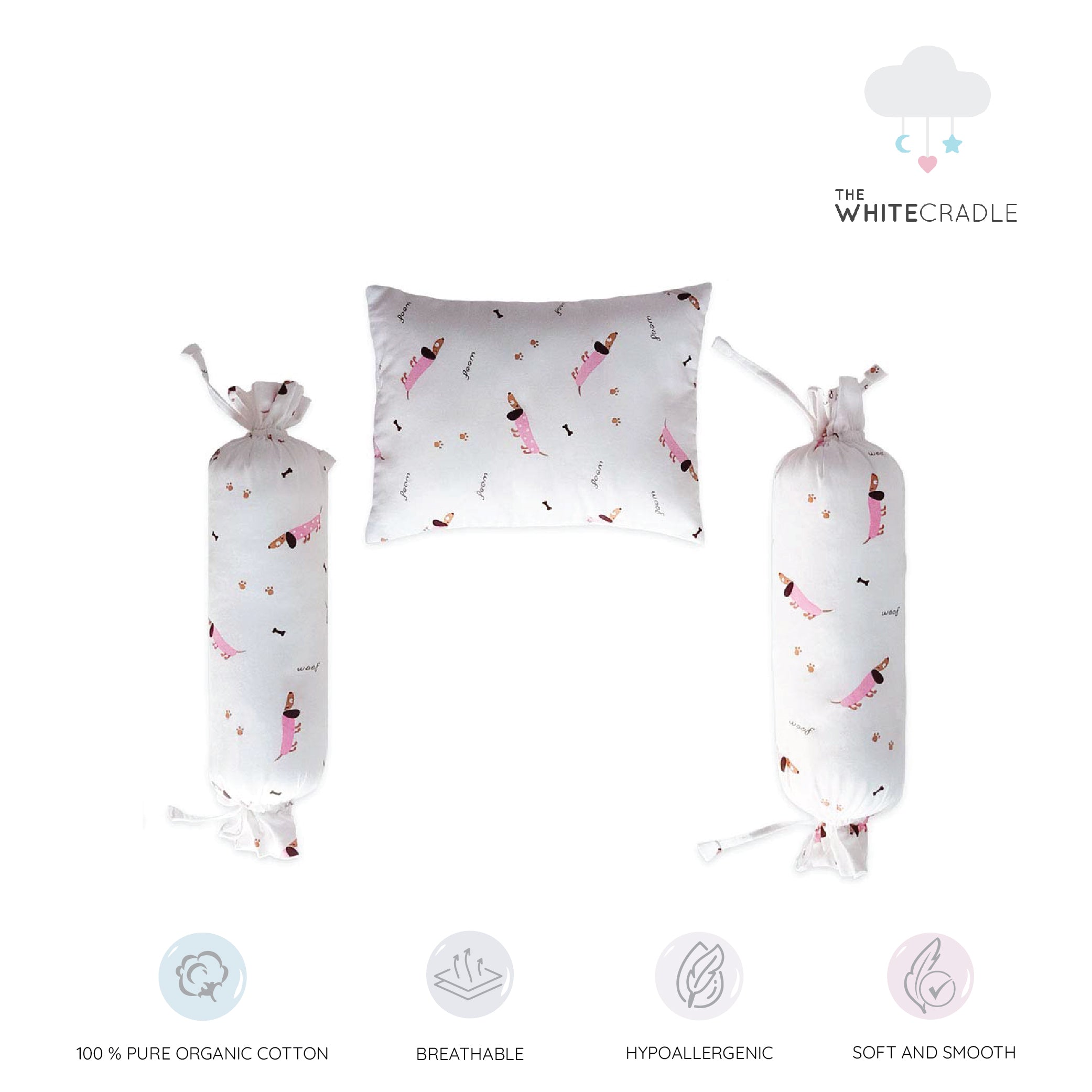 The White Cradle Cot Pillow + 2 Bolsters Set with Fillers - Pink Poodle