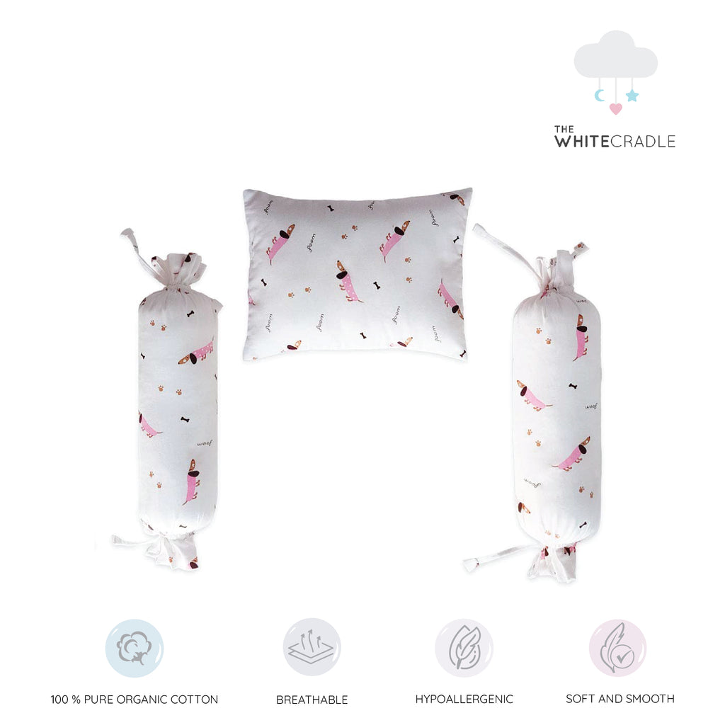 The White Cradle Cot Pillow + 2 Bolsters Set with Fillers - Pink Poodle