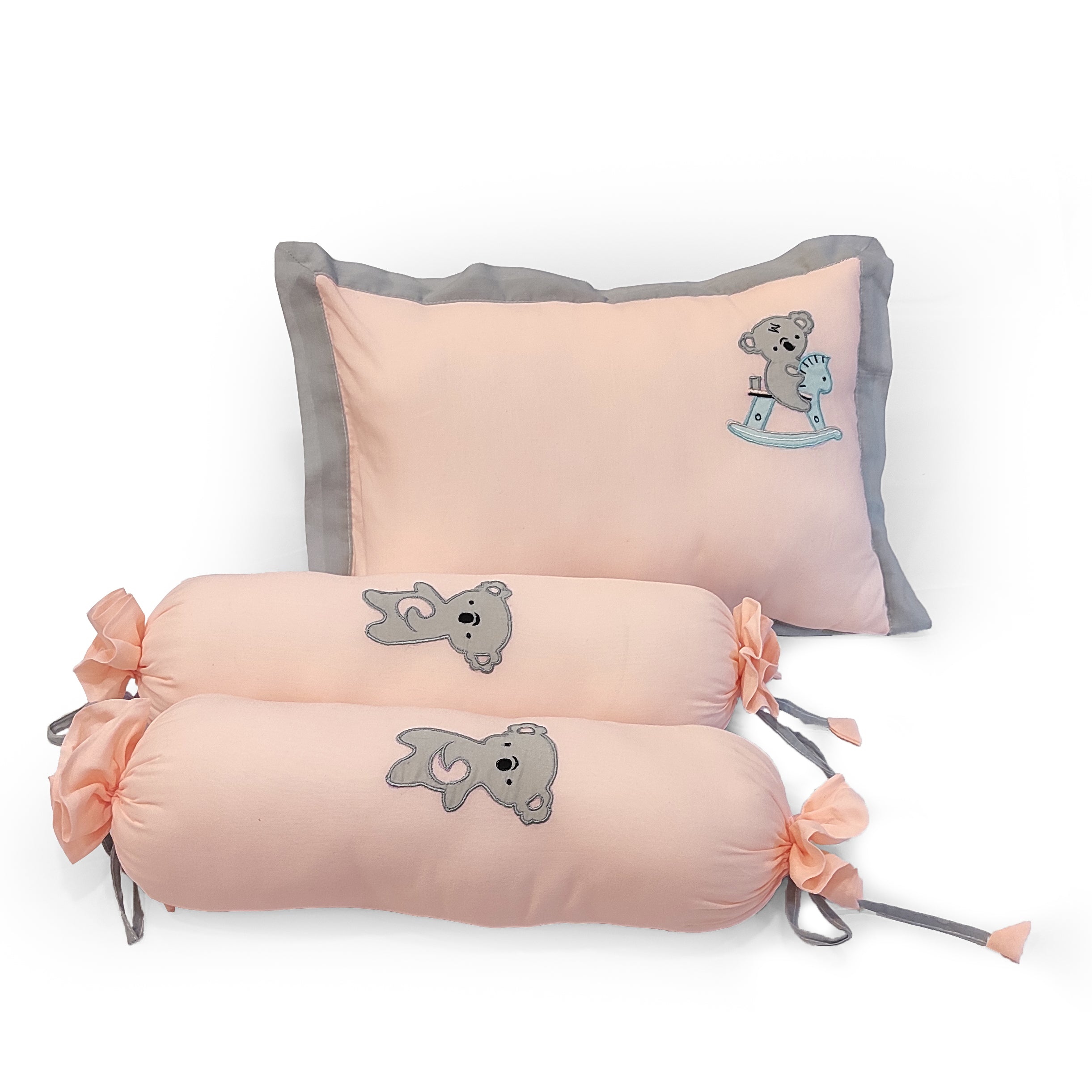 The White Cradle Cot Pillow + 2 Bolsters Set with Fillers - Organic Cotton Fabric, Softest Fiber Filling, Protective Comfort - Pink Koala