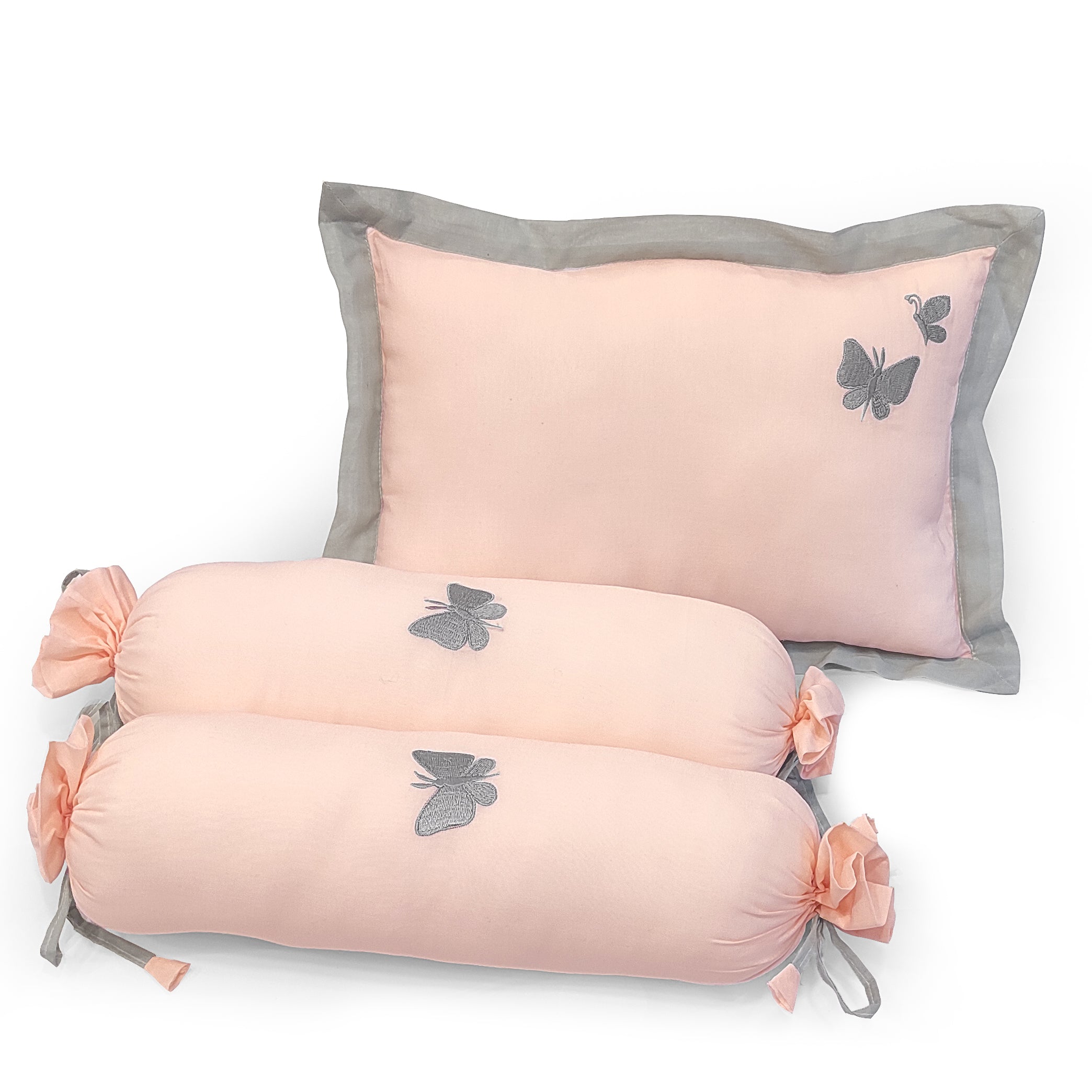 The White Cradle Cot Pillow + 2 Bolsters Set with Fillers - Organic Cotton Fabric, Softest Fiber Filling, Protective Comfort - Butterfly