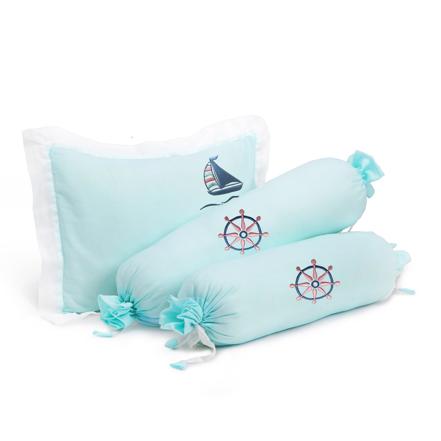 The White Cradle Cot Pillow + 2 Bolsters Set with Fillers - Organic Cotton Fabric, Softest Fiber Filling, Protective Comfort - Shipwheel