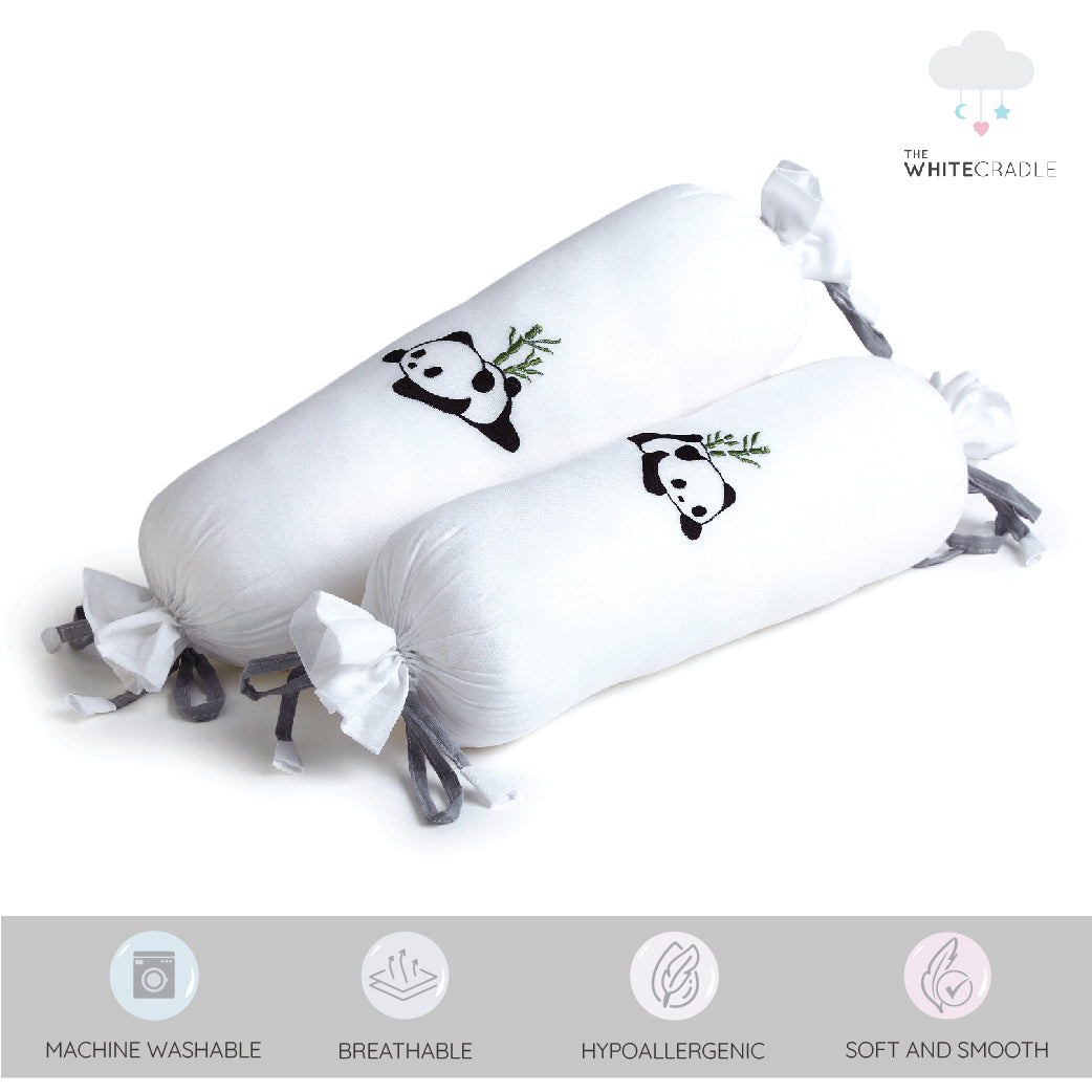 The White Cradle Cot Pillow + 2 Bolsters Set with Fillers - Organic Cotton Fabric, Protective Comfort, Softest Fiber Filling  - Grey Panda