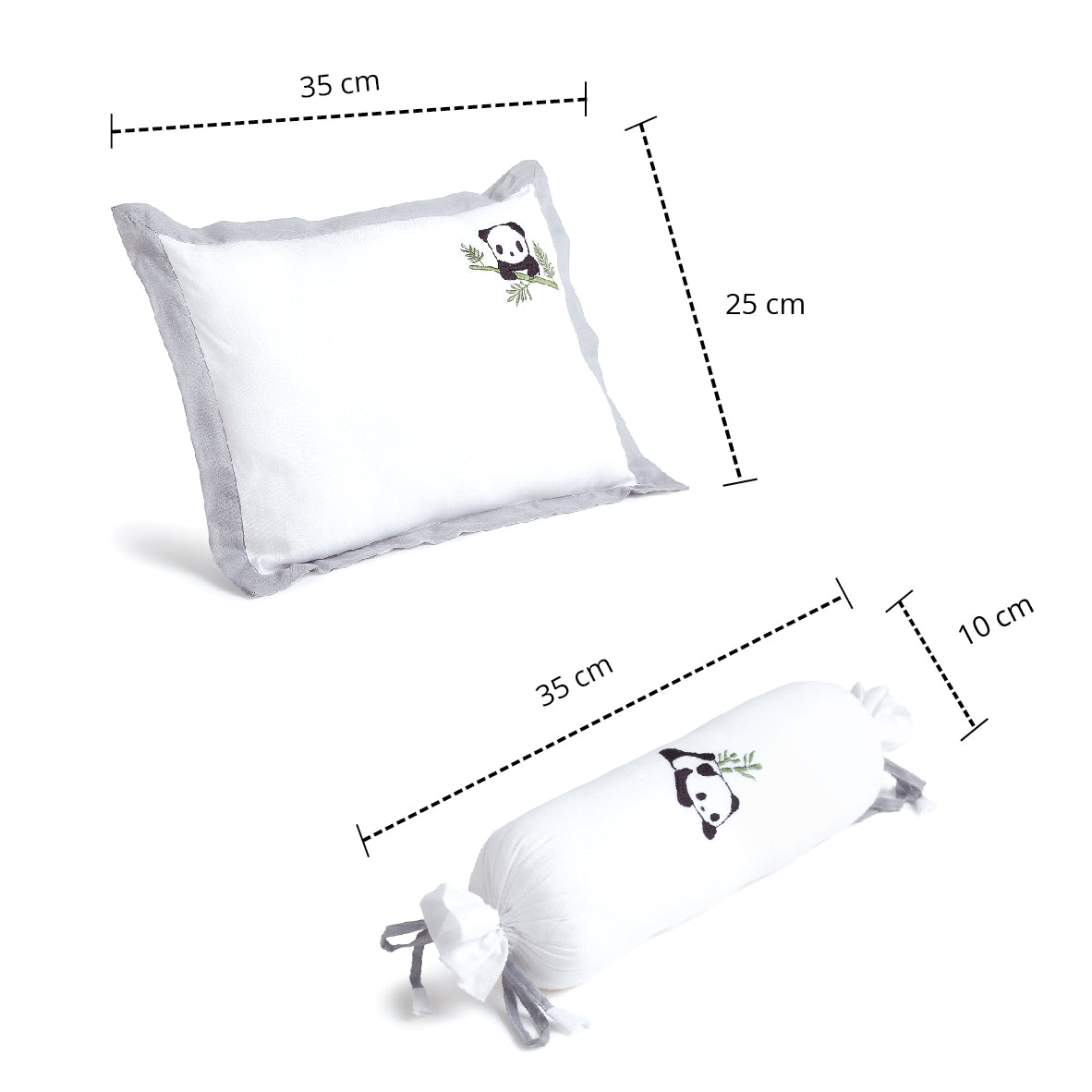 The White Cradle Cot Pillow + 2 Bolsters Set with Fillers - Organic Cotton Fabric, Protective Comfort, Softest Fiber Filling  - Grey Panda