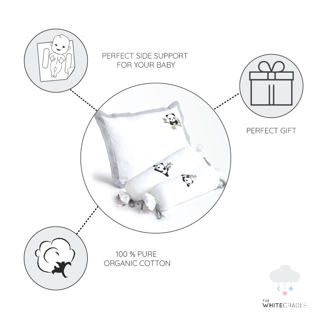 The White Cradle Cot Pillow + 2 Bolsters Set with Fillers - Organic Cotton Fabric, Protective Comfort, Softest Fiber Filling  - Grey Panda