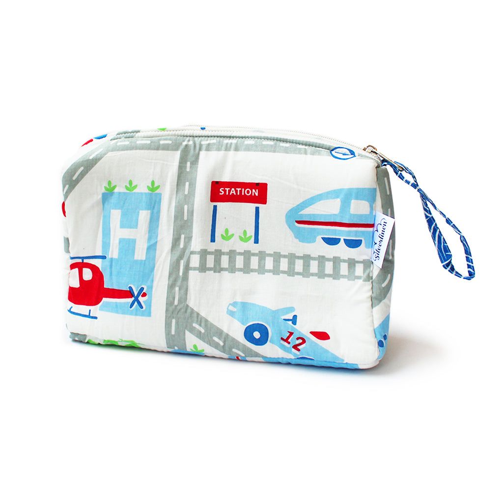 Cotton Zippered Multipurpose Pouch with Waterproof Lining - Busy Street