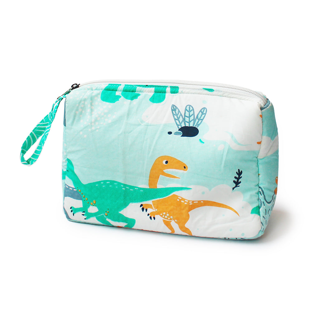 Cotton Zippered Multipurpose Pouch With Waterproof Lining - Dinosaurs