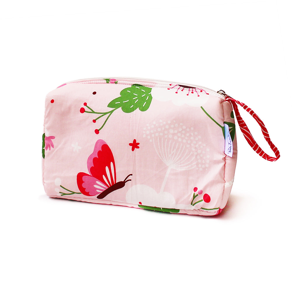 Cotton Zippered Multipurpose Pouch with Waterproof Lining - Flowers & Butterflies